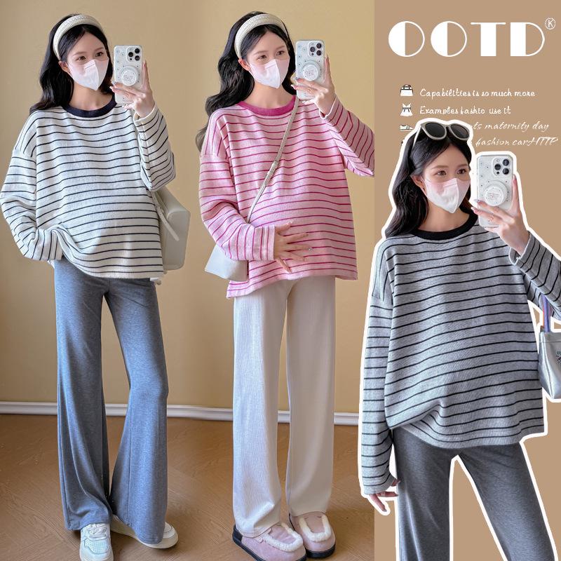 Maternity Striped Round Neck Sweater: Autumn/Winter Loose Fit, Slimming Casual Pullover. XL