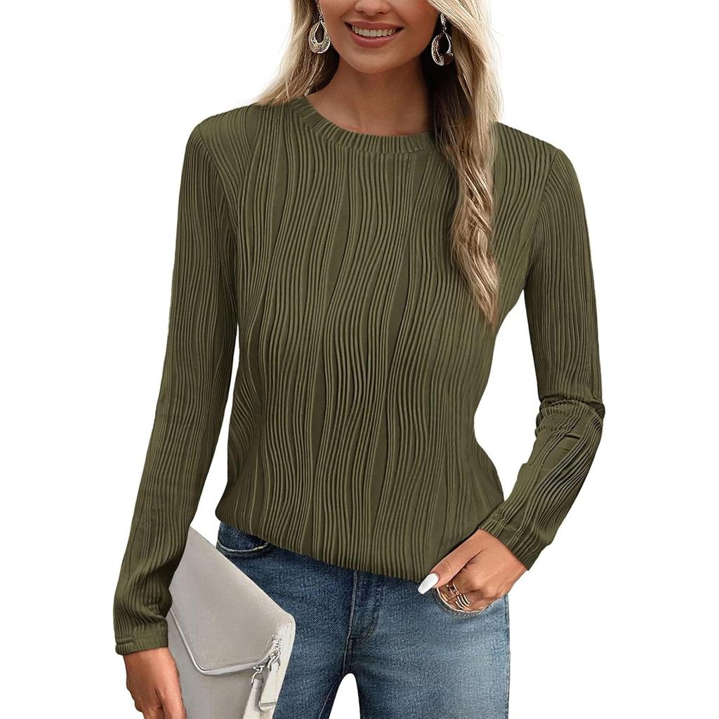 Women's Fashion Round Neck Long Sleeve T-Shirt Solid Color Textured Bottom Top