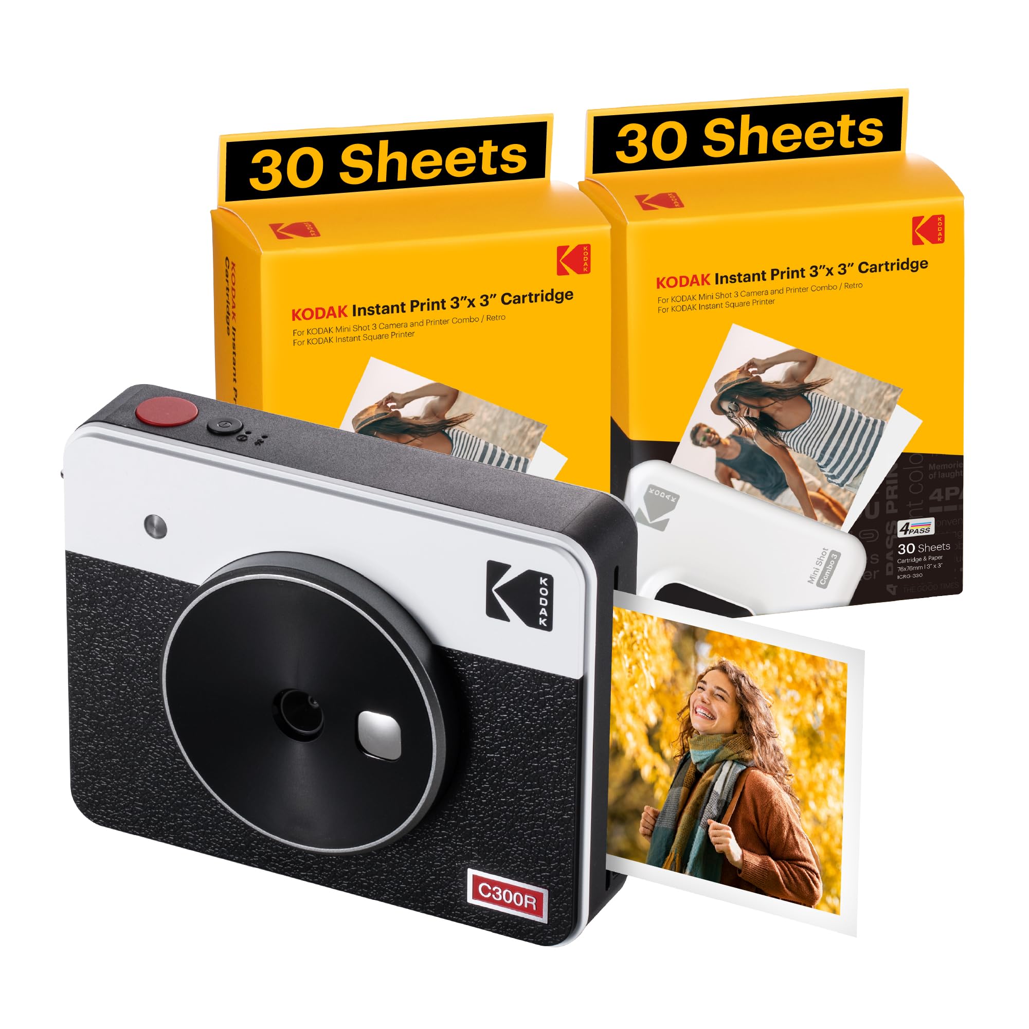 

Kodak Mini Shot 3 Retro 4PASS 2-в-1 Миттєва камера та фотопринтер (7.6см x 7.6см) + Набір з 68 аркушів, Білий