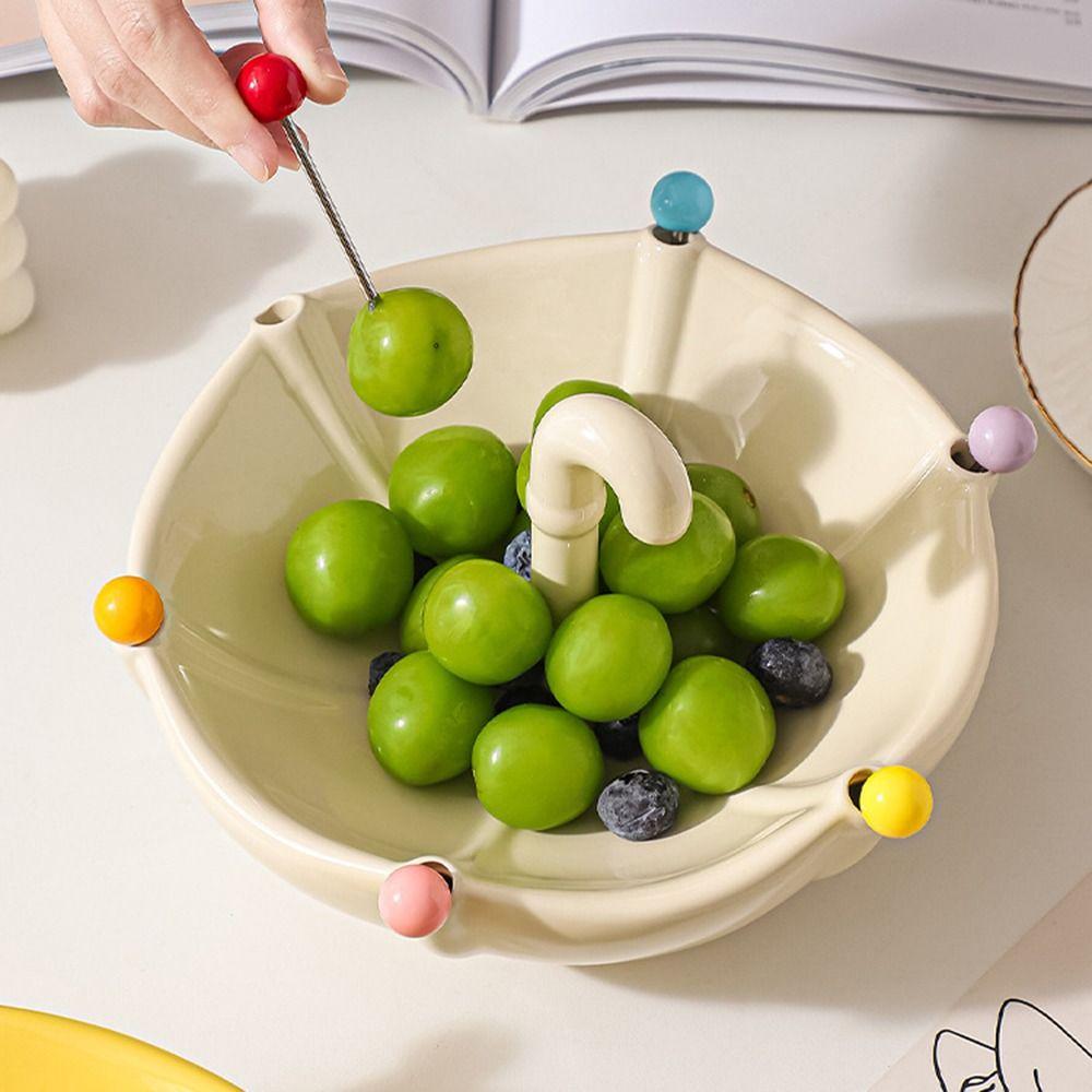 Umbrella Shaped Ceramic Fruit Bowl with Fork with 6 Forks Large Capacity Fruit Basin Fork Set Stainless Steel Fork Reusable