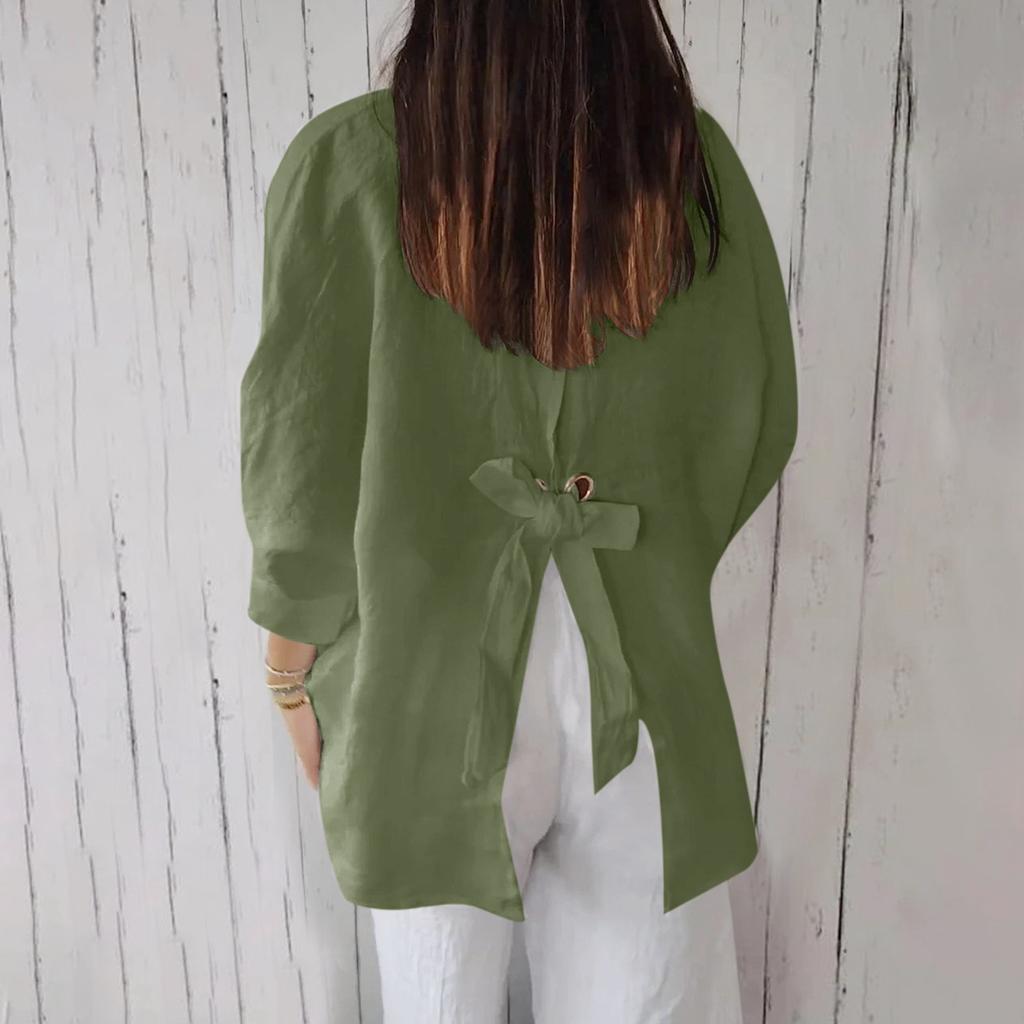 Damenmode Farbe 3/4 Ärmel Lässig Revers Spitze Rückseite Hemd Top