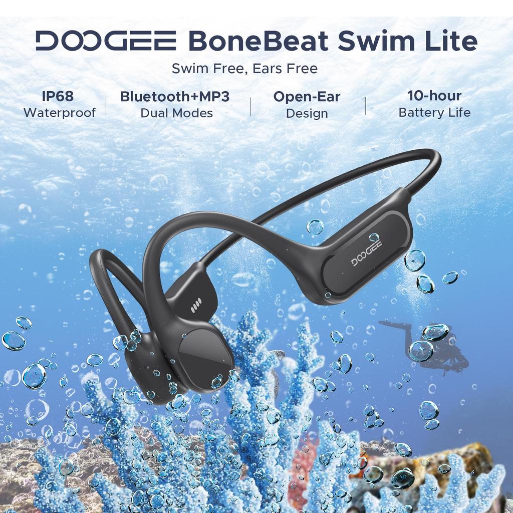 DOOGEE Bone Conduction Headphones IP68 Waterproof, 10H Running Headphones Bluetooth 5.4 Open Earphones 32GB MP3, Underwater Swimming,Fitness