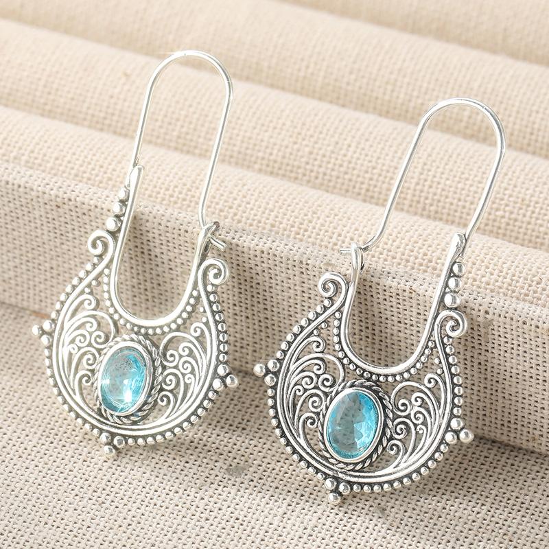 Богемный этнический стиль Синие серьги-подвески с синтетическим цирконием для женщин Винтажные посеребренные Великолепные ювелирные аксессуары Подарок Blue