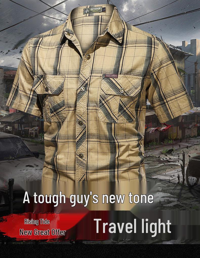 2023 Summer Men's Plus Size Cotton Short Sleeve Plaid Shirt - Loose, Casual, for Middle-Aged & Young