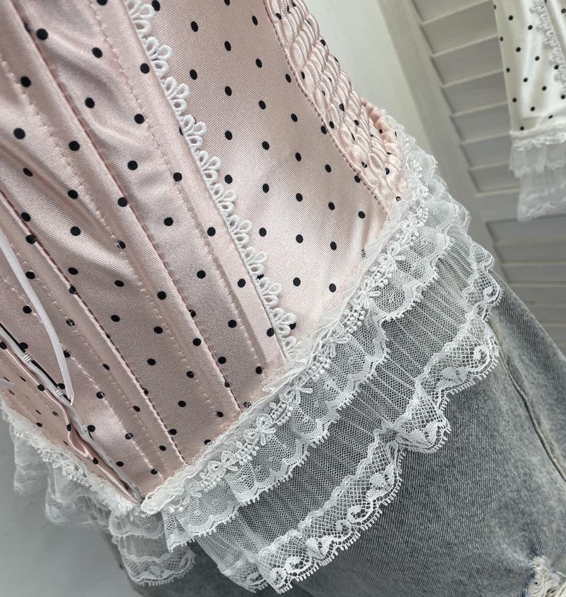 Retro Polka Dot Strapless Lace Trim Crop Top 