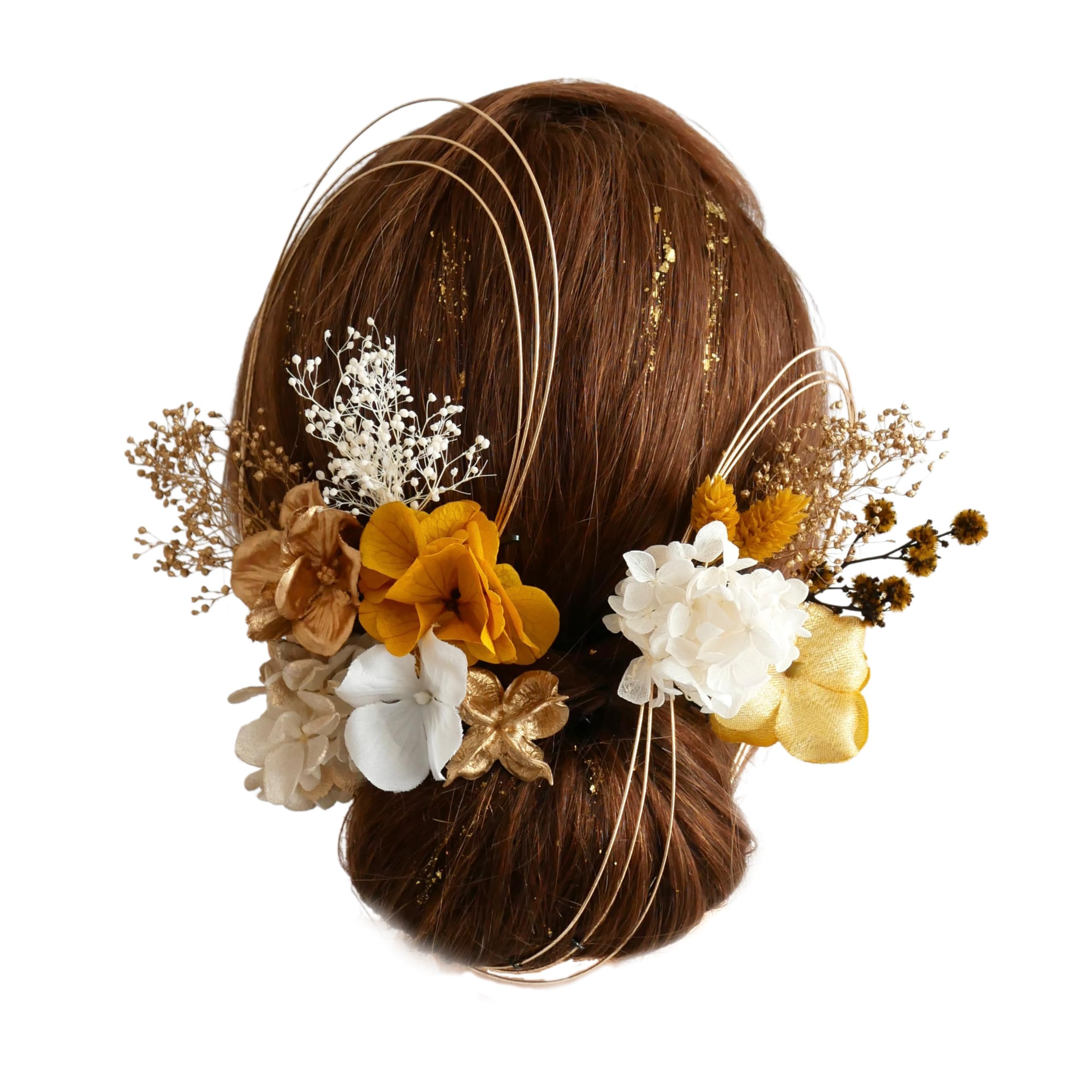 

Dried and preserved flower hair ornament with gold available in four featuring a mizuhiki string and hydrangea for and other leaf, colors, (yellow) жовтий