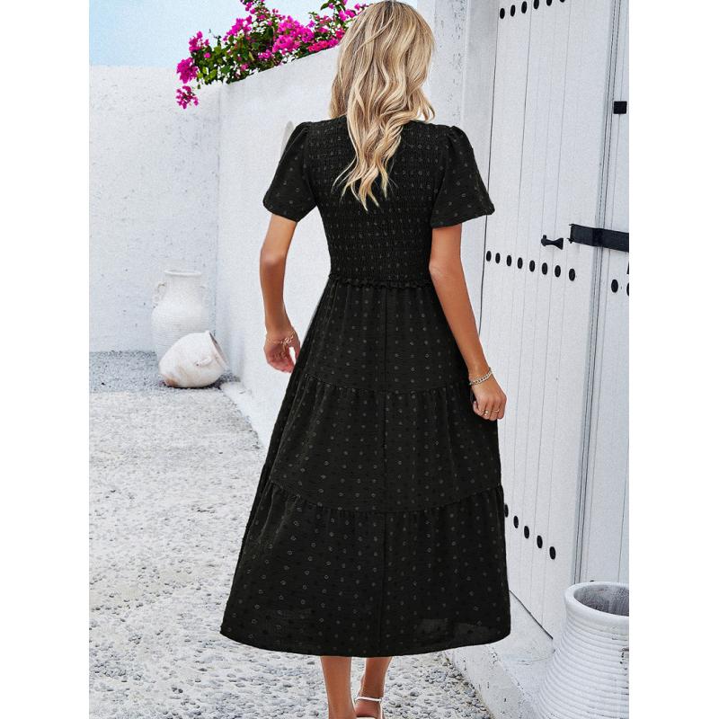 Long Dress For Woman Summer Solid Casual Beach Maxi Dress Short Sleeve V Neck Elegant Female Dresses Office Holiday