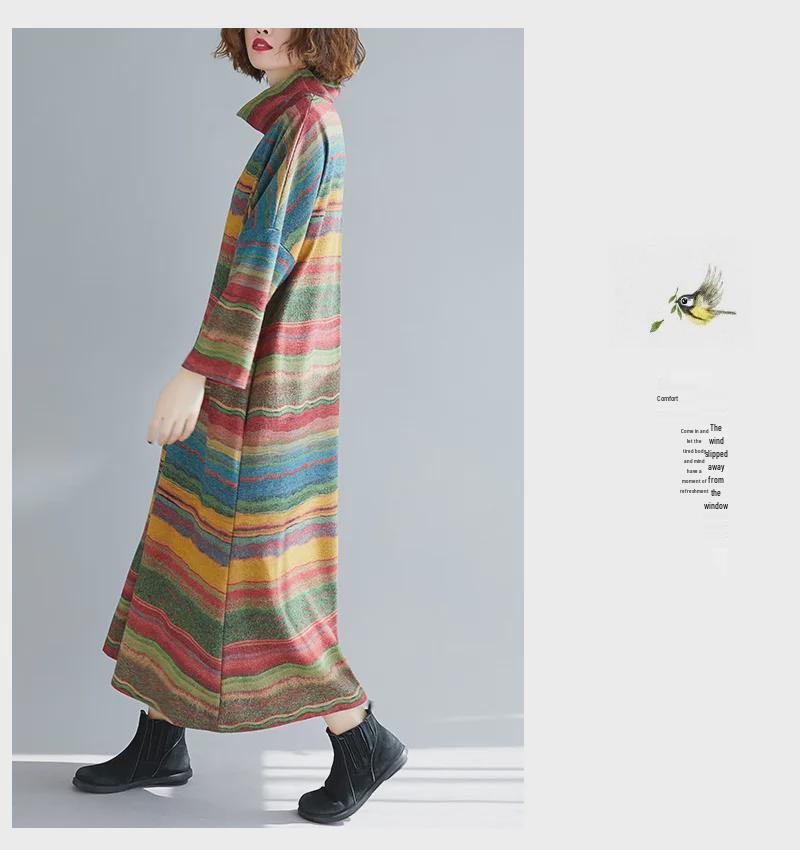 2023 Autumn Korean Style Loose Plus Size Irregular Stripe Long Sleeve Dress