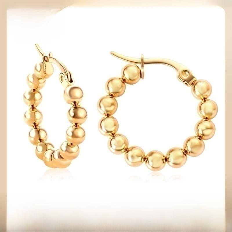High-End European and American Stainless Steel Hoop Earrings with Steel Beads