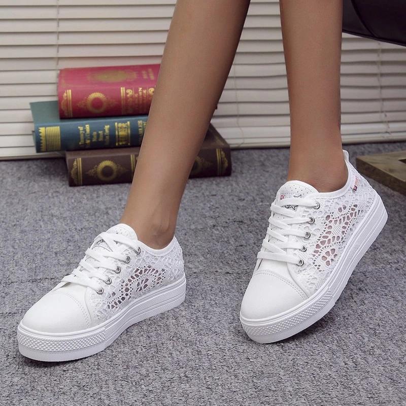 Women Shoes 2025 Fashion Summer Casual White Shoes Cutouts Lace Canvas Hollow Breathable Platform Flat Sneakers Zapatillas Mujer