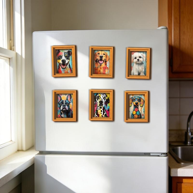 Artistic Dog Themed Refrigerator Magnets Natural Wood Frame Fridge Magnets for Kitchen Decoration