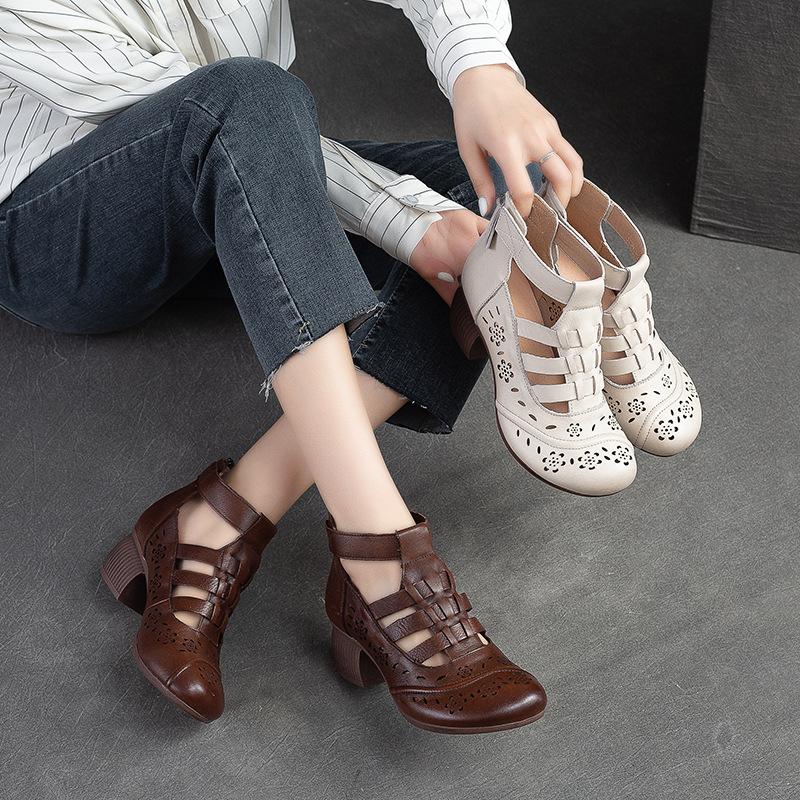 Fashion GKTINOO Women Pumps 2025 High Top Genuine Leather Women Thick High Heel Shoes Summer Hollow Breathable Gladiator Sandals