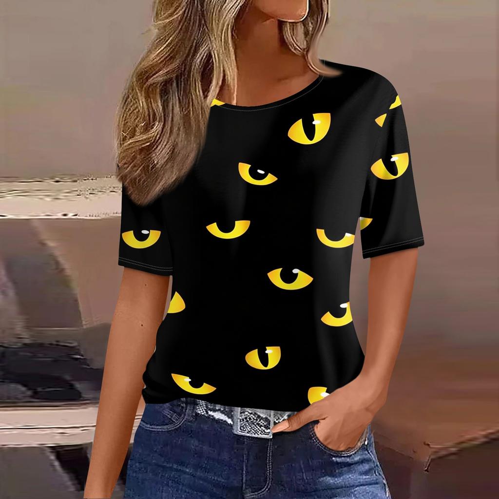 Women's Casual Short Sleeve Halloween Pullover Top with Bat and Pumpkin Print Round Neck Relaxed Fit Shirt for Fall Season