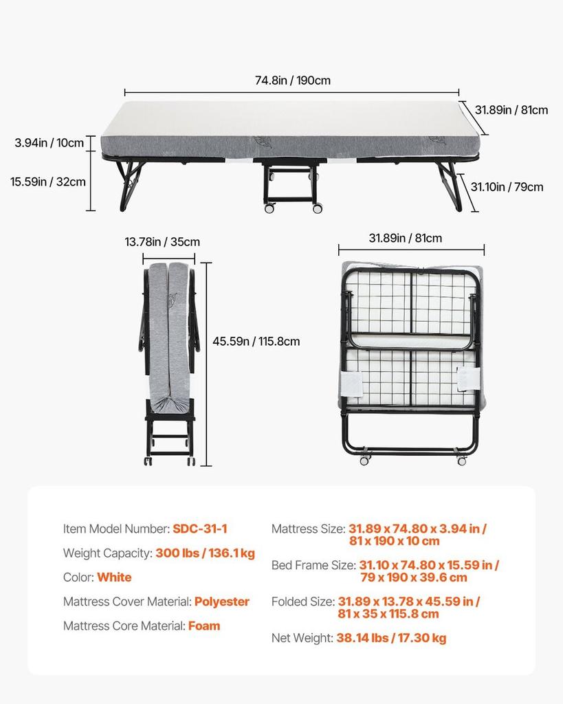 Rollaway Bed Folding Bed with 4 Inches Foam Mattress for Adults & Guest
