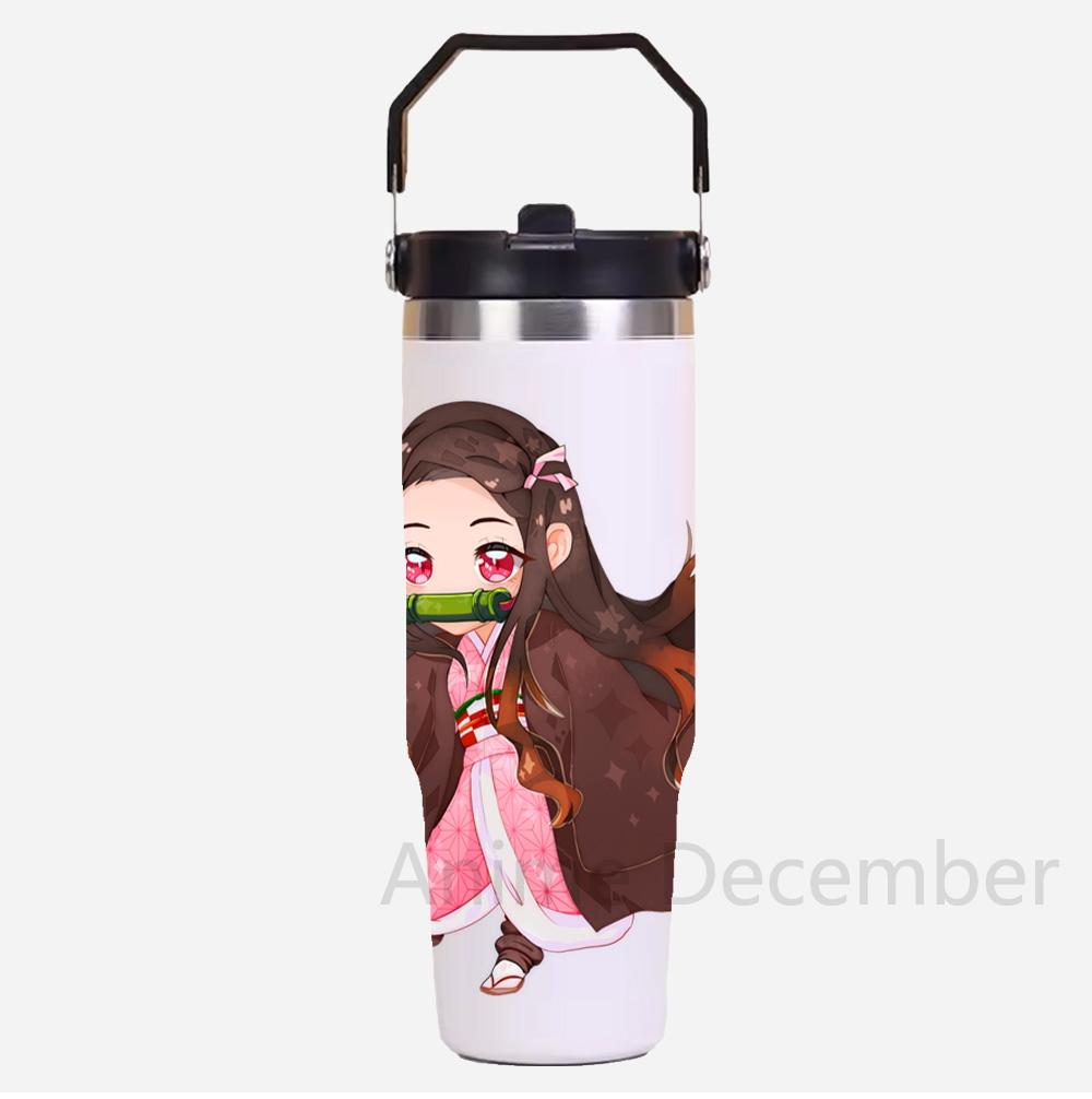 30oz Anime Portable Car Cup Stainless Steel Thermos Cup with Straw Travel Sport Water Bottle Handle Cover Coffee Vacuum Flask