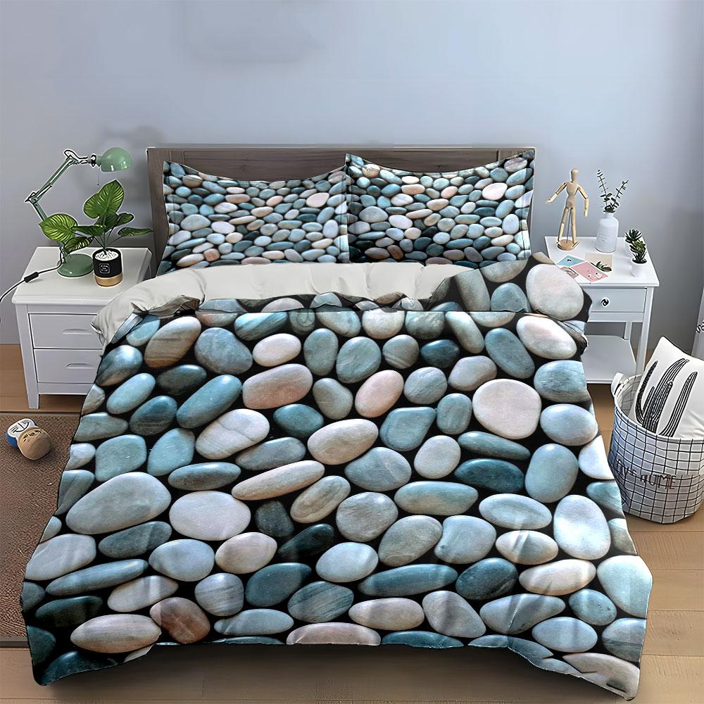 Pebble Stone Print Bedding Set Natural River Rock Pattern Duvet Cover Pillowcases Neutral Earth Tone set for Minimalist Bedroom