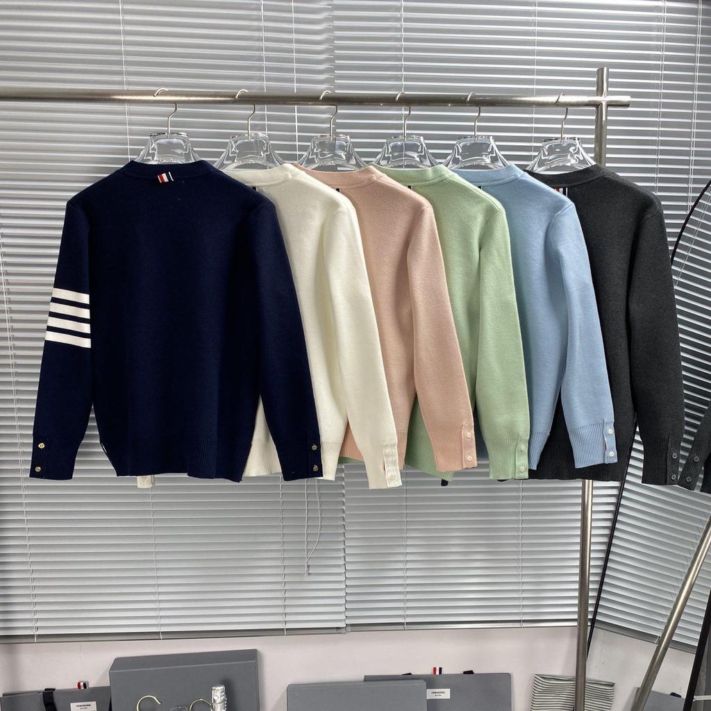 High Version Macaron V-neck Wool Cardigan with Four-Bar Sleeve for Unisex