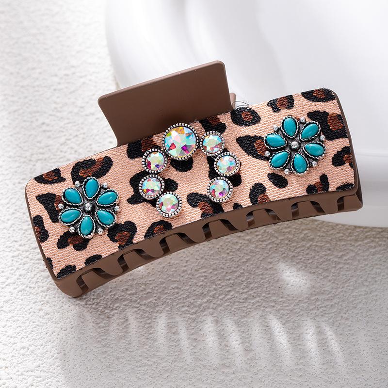 Bohemian Ethnic Style Turquoise Grab Clip Western Style Hairpin Retro Leopard Print Sequined Leather Fashion Disc Hairpin