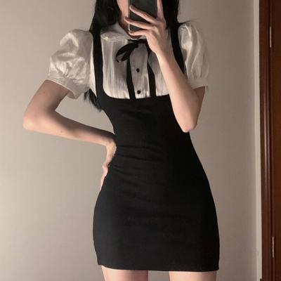 Fake 2 Pcs Dresses Women Puff Sleeve Preppy Style Hotsweet Sheath Mini Korean Version Chic Temperament Age-reducing Vintage Ins