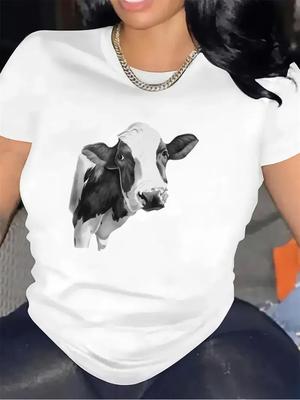 Women'S Black And White Cow Print Short-Sleeve T-Shirt, Lightweight And Comfortable Casual Style, Suitable for Home, Kitchen, Or Cafe Wear, Soft And B