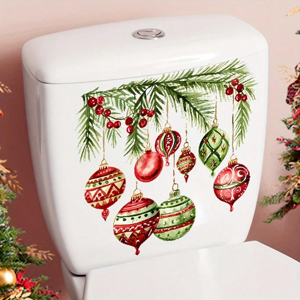 Reusable Christmas Toilet Decoration Sticker, Bathroom Wall Decal, PVC Removable & Decorative Sticker with Colorful Ornaments and Greenery for Wall