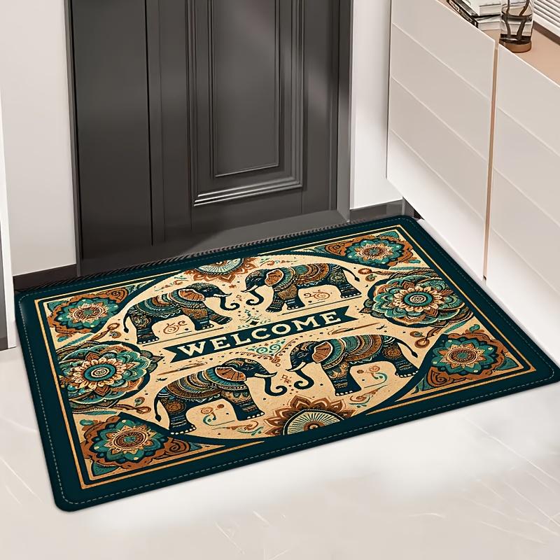 Luxury Flannel Floor Mat Carpet with Thick Sponge Cushion,Non-Slip Washable Vintage Elephant Design for Bedroom Kitchen Bathroom