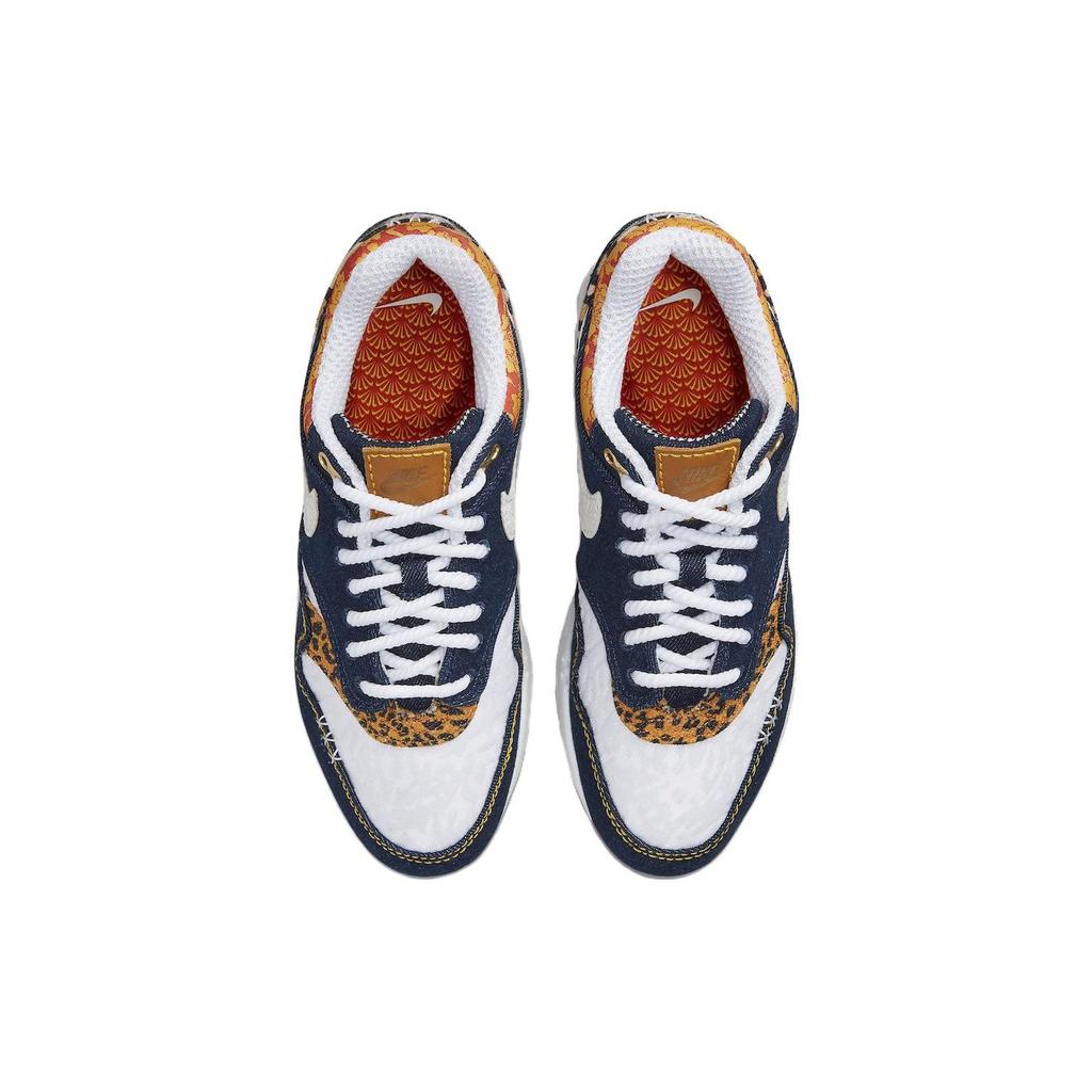 Nike Air Max 1 Premium Denim Leopard Herren Sneaker Blau Gewaschen-Dunkelblau Pikantes-Rot FJ4452-432