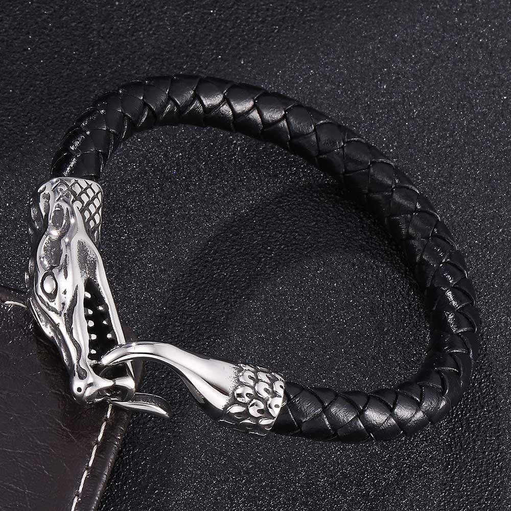 

European and American Trendy Men s Stainless Steel Snake Buckle Leather Bracelet Inner Circumference 205mm [Total Length 235mm]