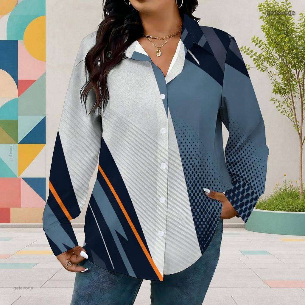Women Plus Size Abstract Geometric Printed Collared Neck Long Sleeve Button Front Curved Hem Shirt