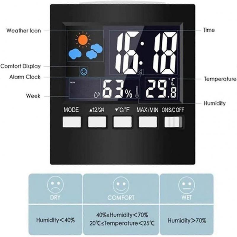 Cute Little Digital Alarm Clock Weather Bedside Clocks Time Temperature Humidity 12/24H for Home Bedroom Office
