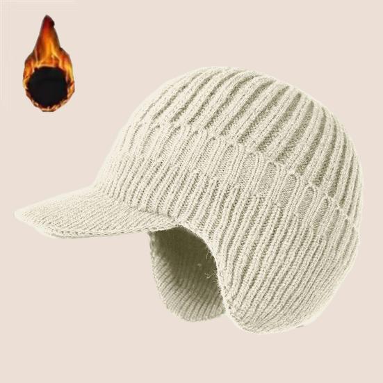 Men Knitted Hat Extended Brim Ear Protection Solid Color Knitting Hat Thickened Plush Lining Winter Warm Hat
