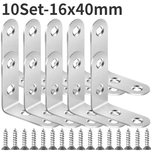 90 Degree L Joint Brackets Stainless Steel Angle Connectors Corner Brace Furniture Wood Shelf Door Cabinet Fastener with Screws