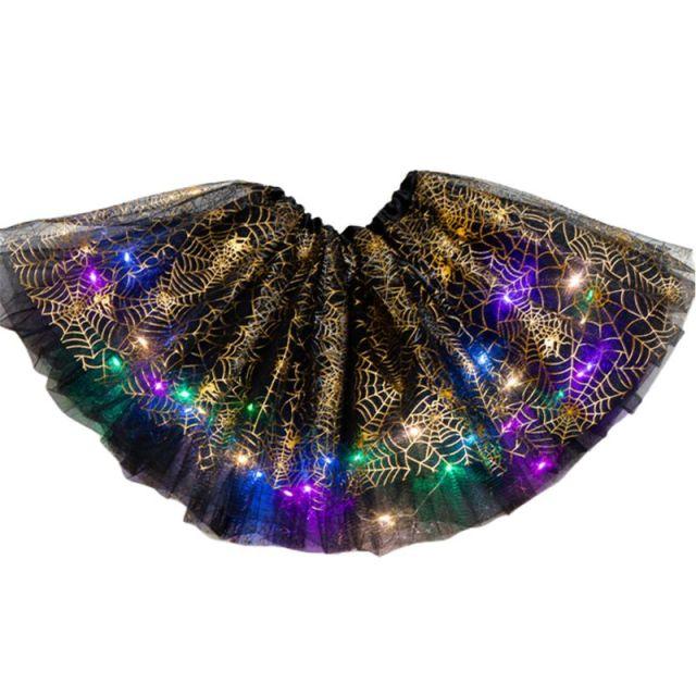 Kids Baby Girls Metallic Spider Web Tutu Skirt Led Light Up Princess Halloween Party Cosplay Carnival Flashing Ballet Dance Wear