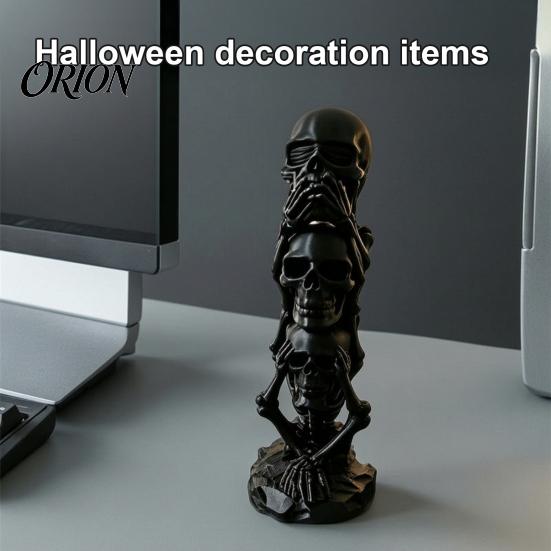 Small Desk Ornament for Men Triple Stacked Skulls Figurine, Spooky See Hear Speak No Evil Skeleton Head Retro Home Office Accessories Statue,
