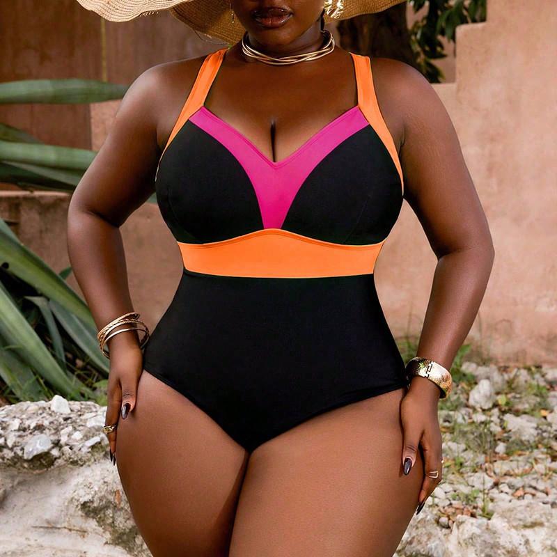 European and American Solid Color Dark V One-piece Swimsuit Conservative Swimsuit Bikini 4XL