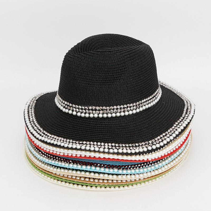 Woven Lafite Pearl Straw Hat British Style Hot Diamond Top Hat Outdoor Trend Sun Protection Big Brim Sun Hat