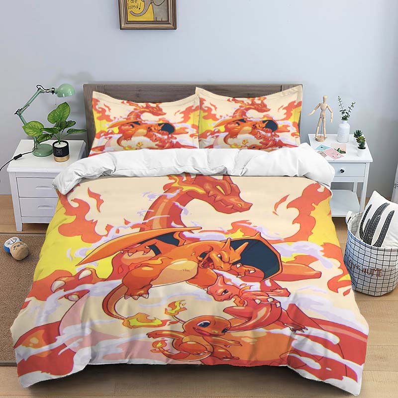 Cute Cartoon Charizard-Themed Bedding Set, featuring a soft duvet cover and pillowcases—perfect for teenagers, children, and mor