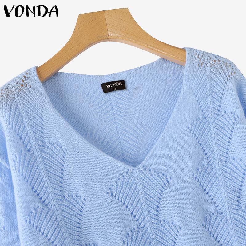 VONDA Women Autumn V-neck Long Sleeve Solid Color Pullover Sweaters