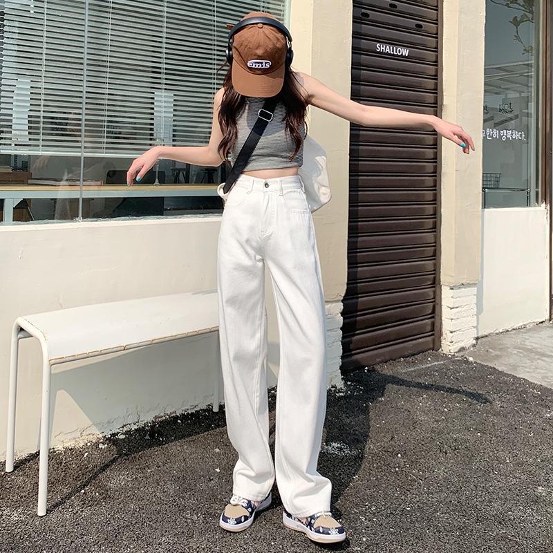 

2025 Spring/Summer Women s Versatile High-Waisted Wide-Leg Jeans - Drapey, Loose, Floor-Length Straight Pants for Tall Women Large