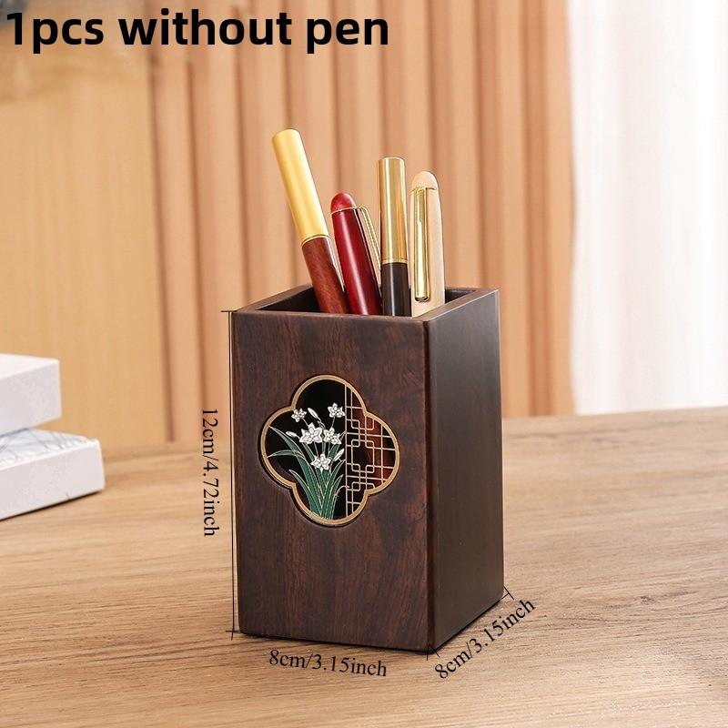 1pcs Multifunctional Ebony Wood Pen Holder Chinese Style Engraved Desktop Organizer Retro Wooden Desk Decor Business Gift Box