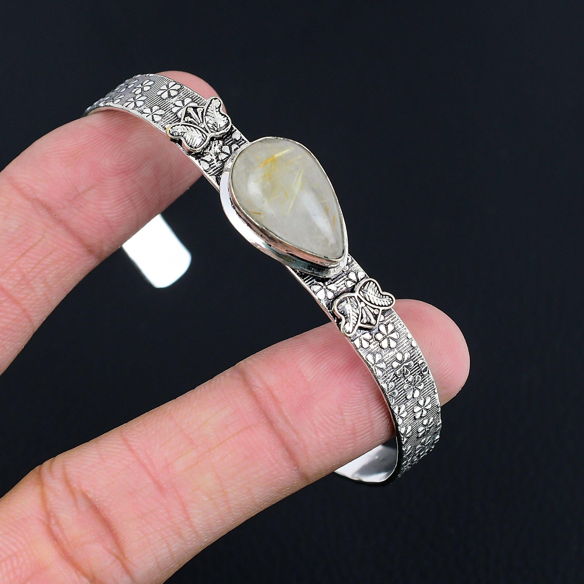 

Friendship Day Sale Golden Rutile Stone Artisan New Bangle Bracelet 925 Silver Adjustable