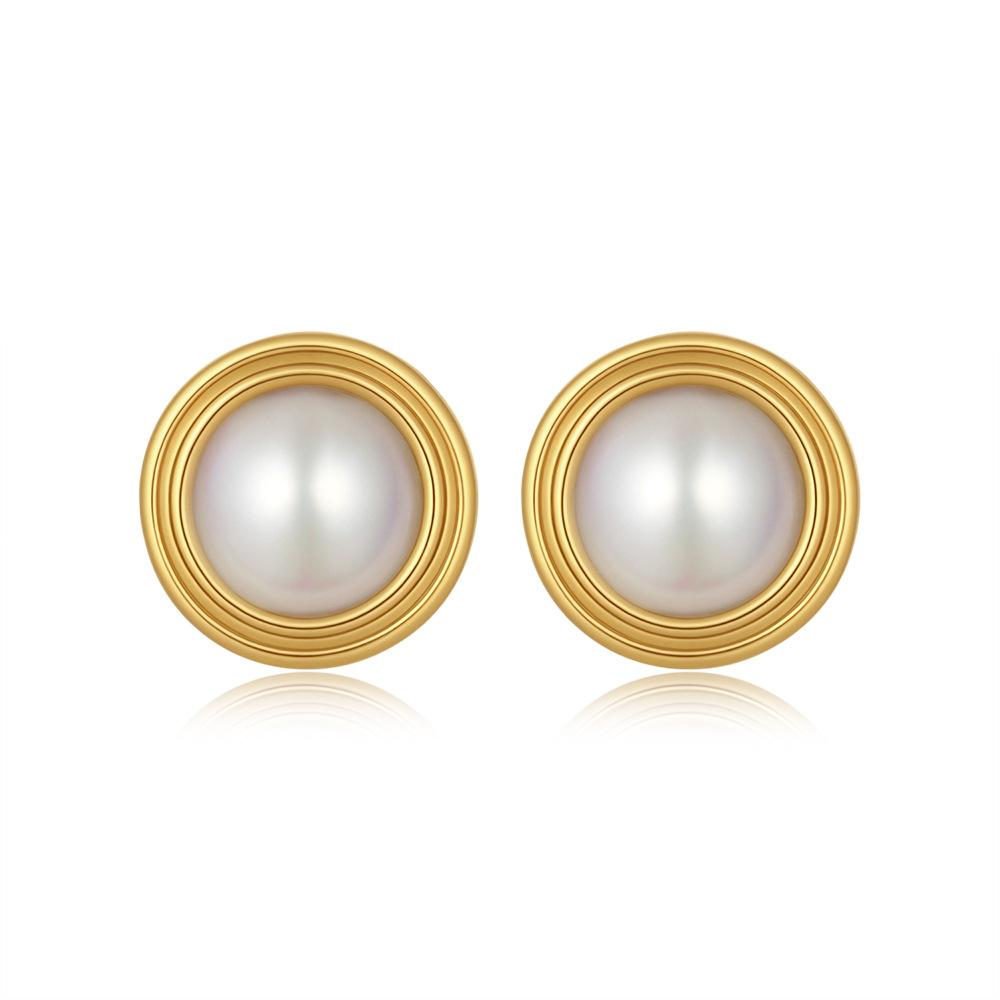 18K Gold Pearl Stud Earrings Spiral Circle Earrings Temperament French Elegant Simple Style Retro Earrings