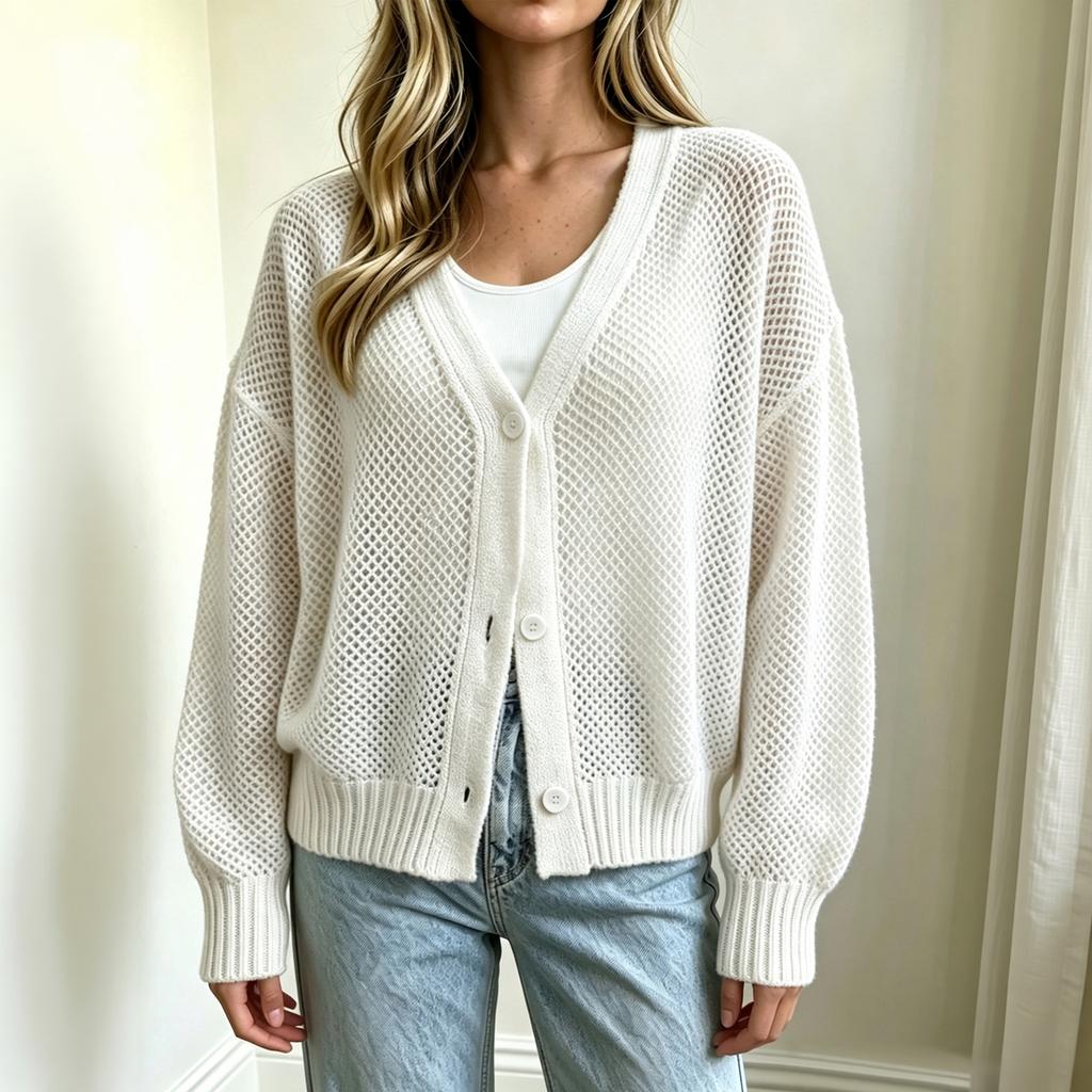 Women's Openwork Knit Button Down Cardigan Sweater for Casual Everyday Wear