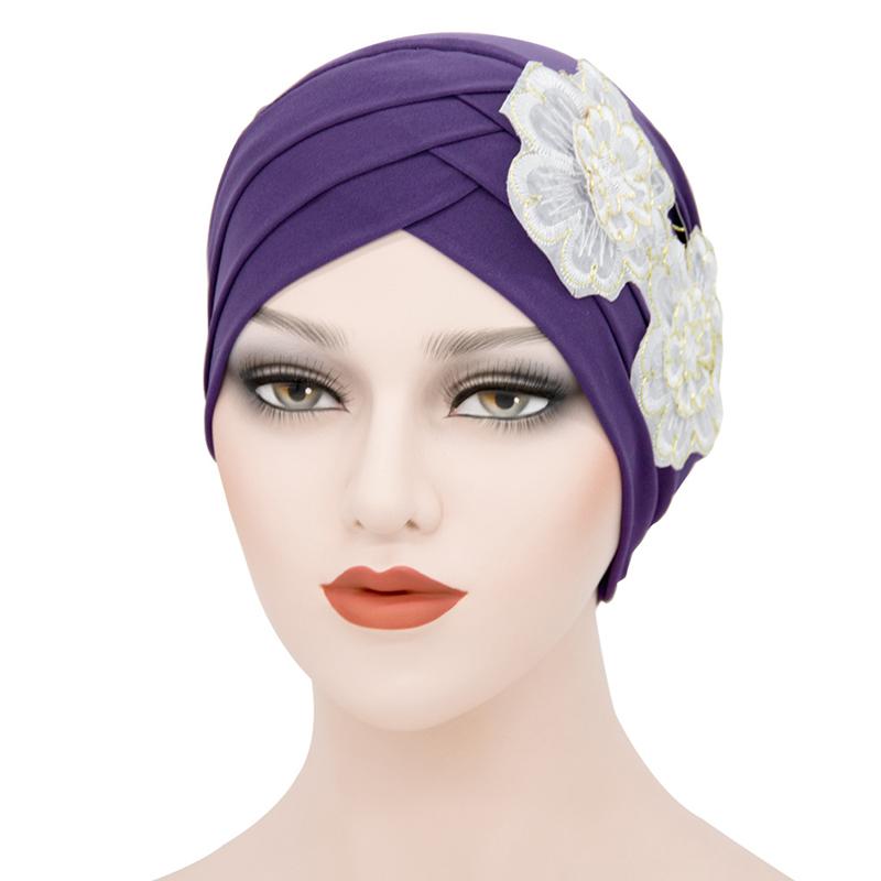 Fashion Ladies Forehead Cross Plum Blossom Hat Beanie Elastic Soft Top Hat Adult Women Milk Silk Flower Cap Muslim Turban