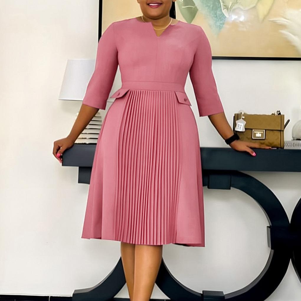 Fashion Women Solid Color Summer Dress Plus Size Cross Border African Dress Pleated Three Quarter Sleeves