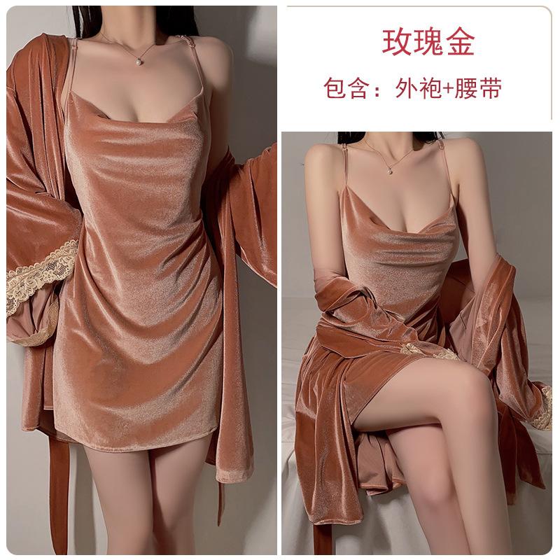 Women's Velvet Lace Backless Cami Sleep Dress with Robe Lounge Set