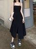 Split Design Suspender Dress Women's Summer New Hepburn Style Waist Thin Medium and Long Small Black Dress