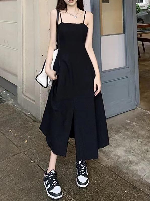 Split Design Suspender Dress Women's Summer New Hepburn Style Waist Thin Medium and Long Small Black Dress