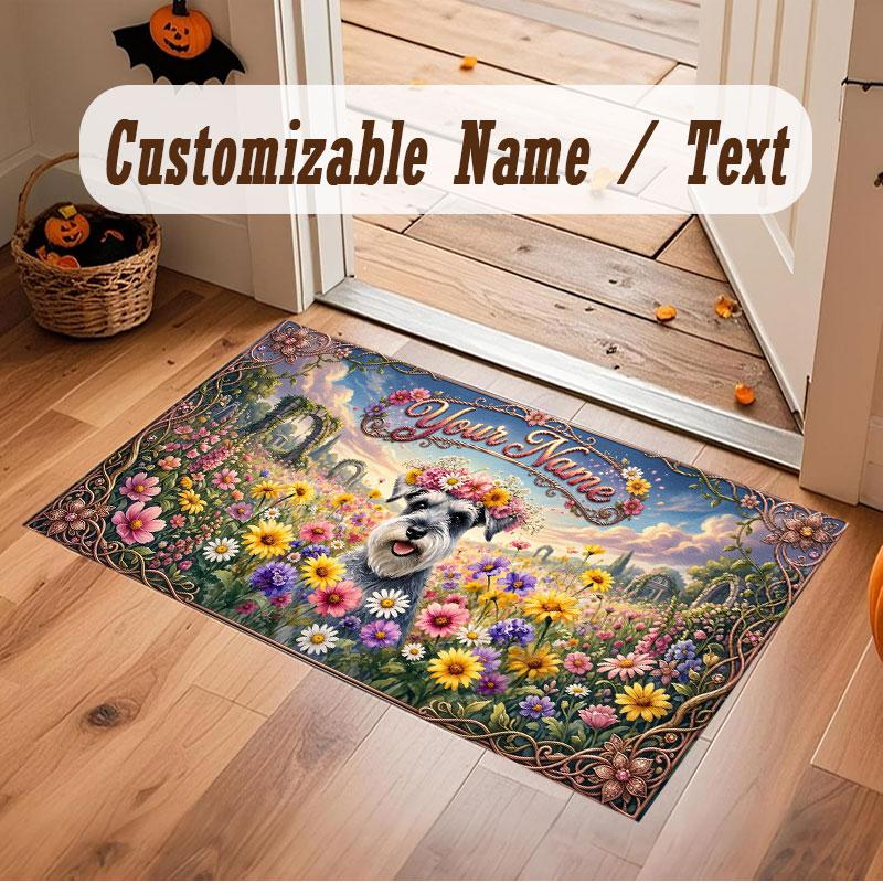 Floral Garden Theme Crystal Velvet Floor Rug Personalized Custom Name Text Warm Carpet Home Decoration