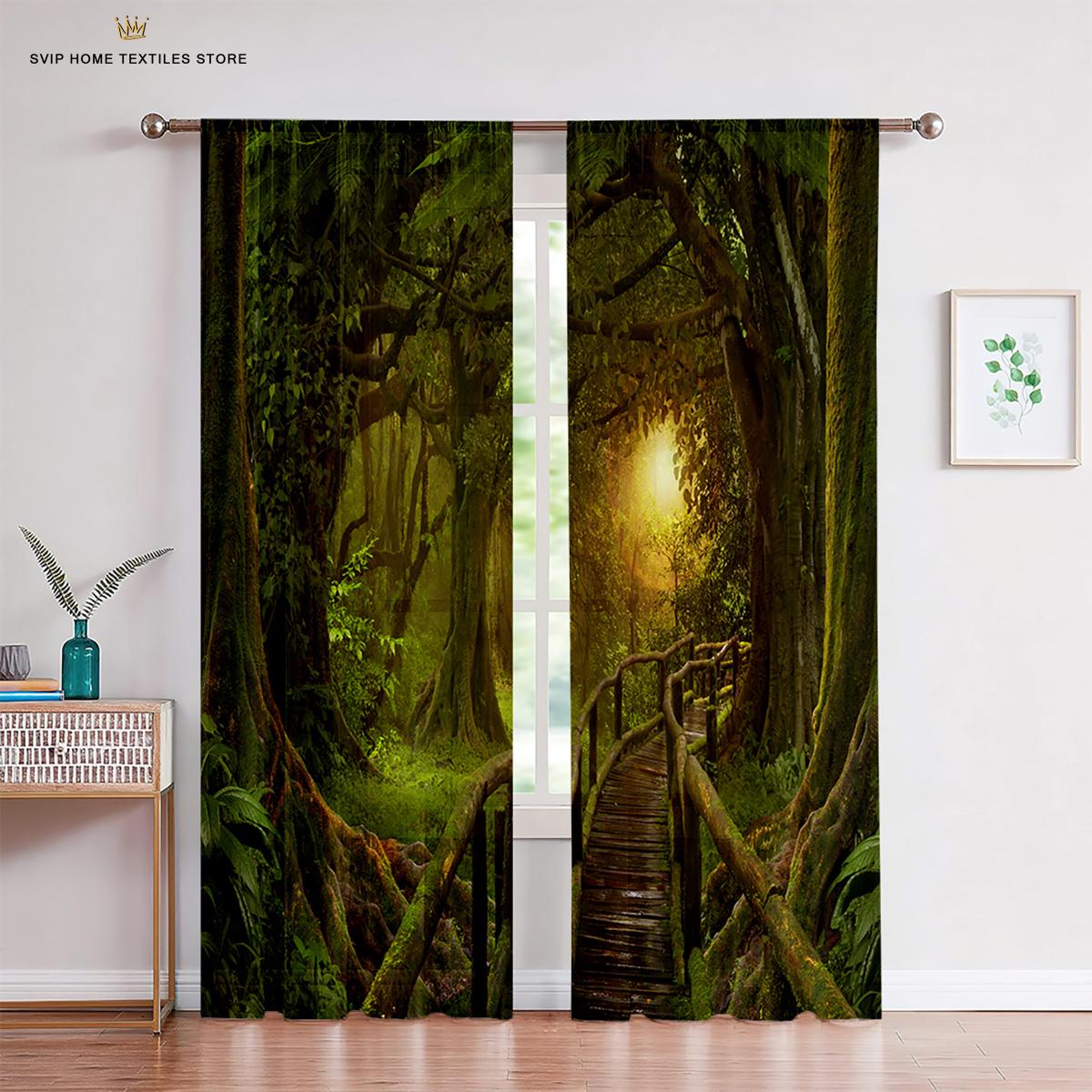 Forest Trees Lush Green Leaf Plants Curtain,Panels Natural Landscape, Balcony Curtain,Panels 2 Panel, Living Room, Bedroom, Window Decoration W50X130H(CM)X2PCS&Rod pocket
